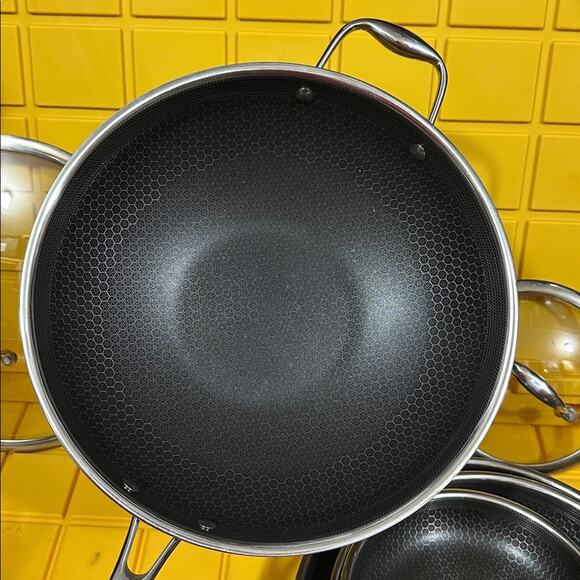 HEXCLAD 7-Piece Nonstick Stainless Steel Frying Pan Set 8 10 12- Lids Wok $600 - Picture 3 of 10